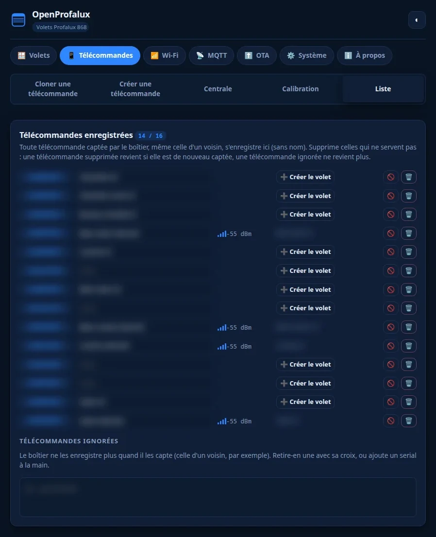 OpenProfalux Remotes tab, List sub tab: the learned remotes and the shutters they drive (names masked)
