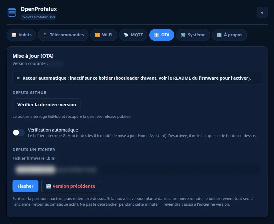 OpenProfalux OTA tab: firmware update from GitHub or by binary upload, with automatic rollback