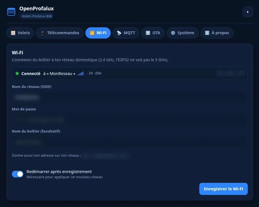 OpenProfalux Wi-Fi tab: connection state, SSID, password and box name (values masked)