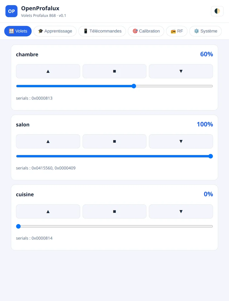 L'interface web embarquée d'OpenProfalux, onglet Volets : une carte par volet avec montée / stop / descente et la position estimée